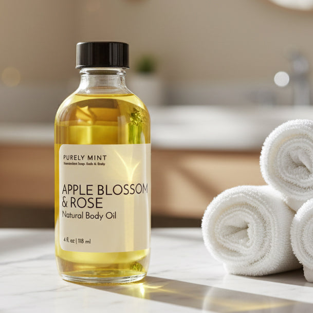 Apple Blossom and Rose Body Oil in a glass bottle next to rolled towels on a marble countertop.