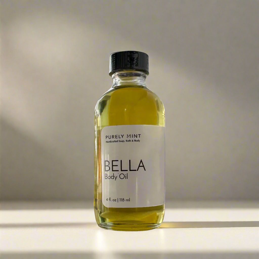 Bella Body Oil 4 oz advertising style shot, soft sun shadow, empty penthouse, scandinavian minimalism, neutral warm, detailed
