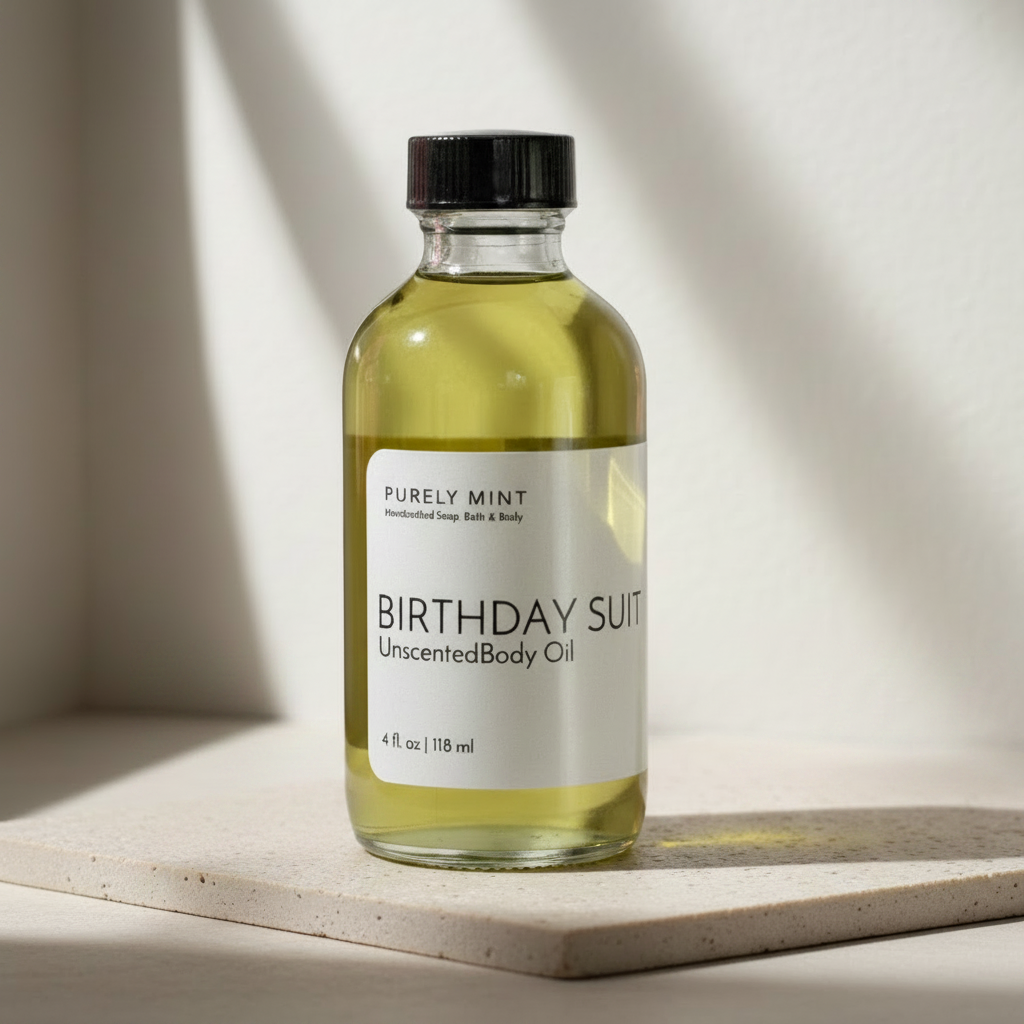 A bottle of Purely Mint Birthday Suit Unscented Body Oil stands on a light stone slab set against a warm beige wall with soft diagonal shadows.