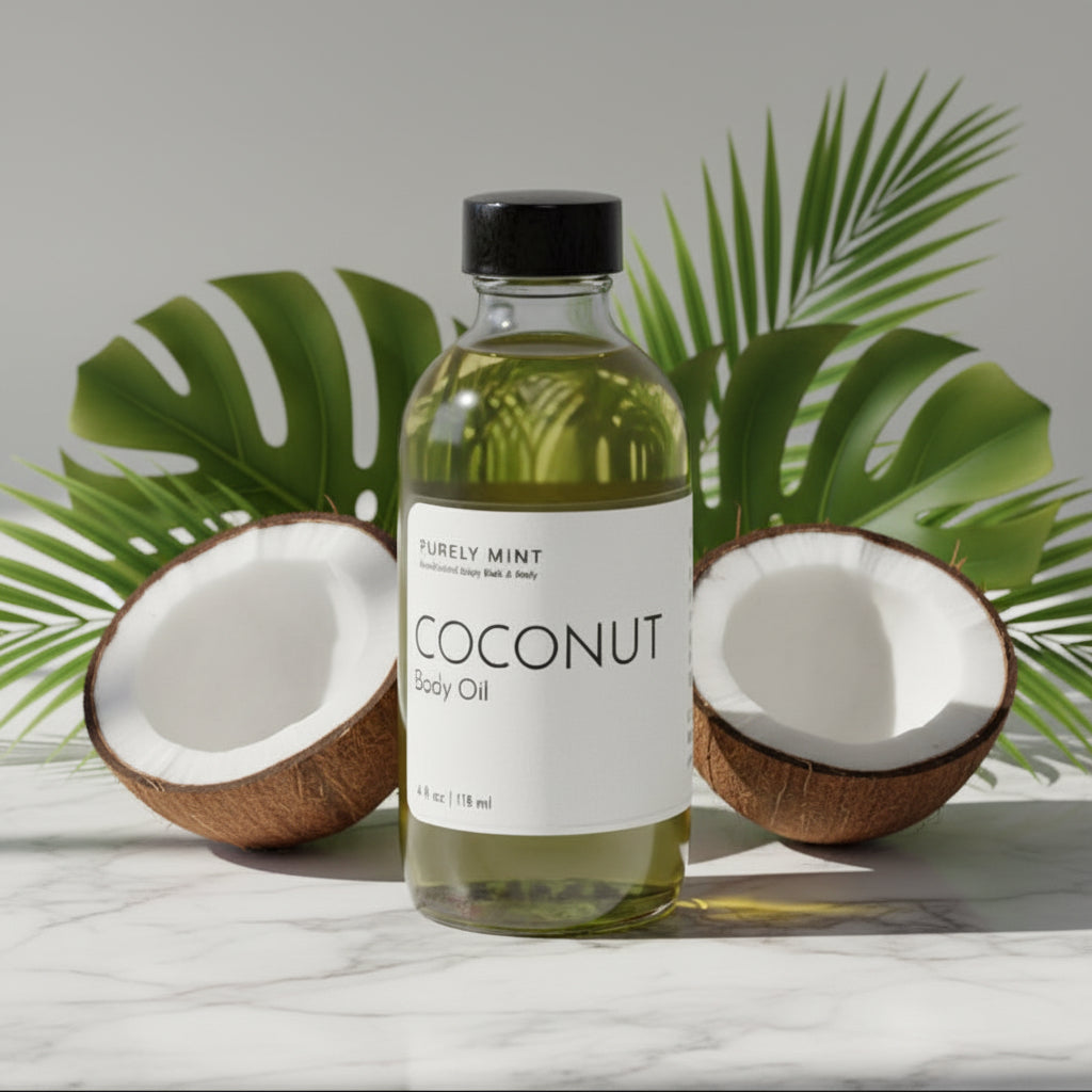 A bottle of Purely Mint Coconut Body oil on a light marble surface, bewteen two halved coconuts and green tropical leaves against a clean white background.