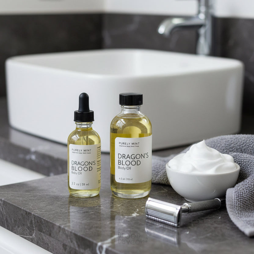 Two bottles of Purely Mint Dragon's Blood Body Oil displayed on a dark marble countertop next to a white bowl of whipped cream, a gray towel, and a metal razor, with a white sink and chrome faucet in the background.