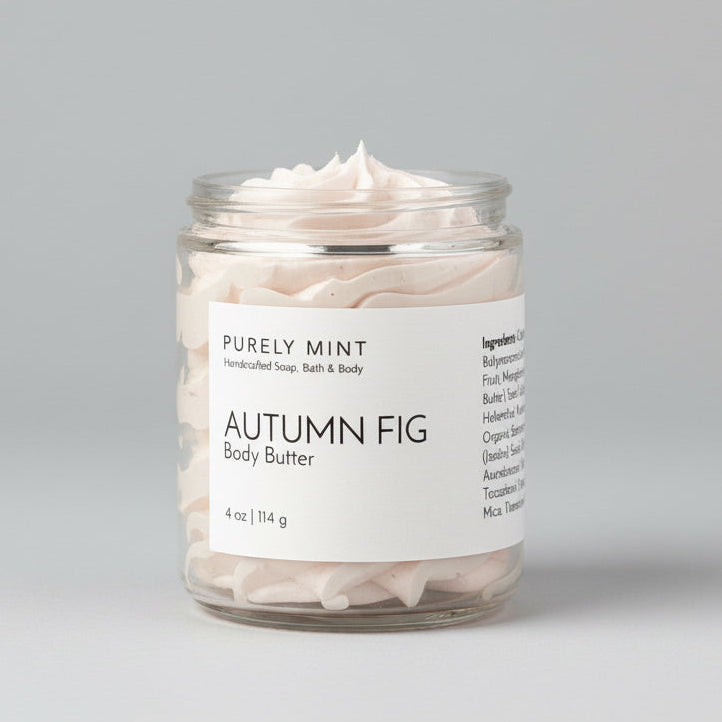 Jar of autumn fig body butter on a commercial photography packshot, light gray seamless backdrop, neutral lighting