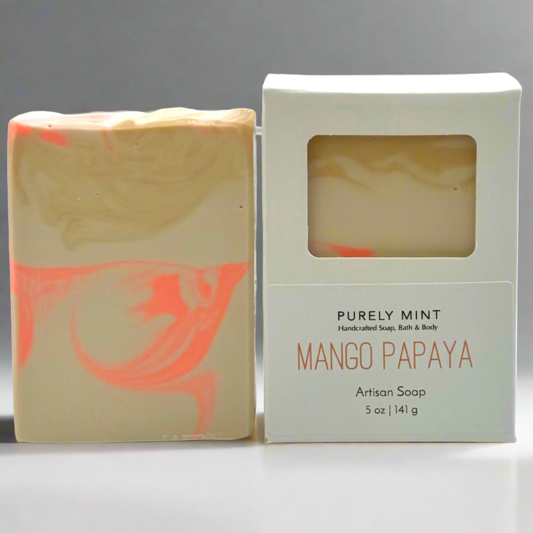 tan and yellow soap with out box and in white box, grey background.