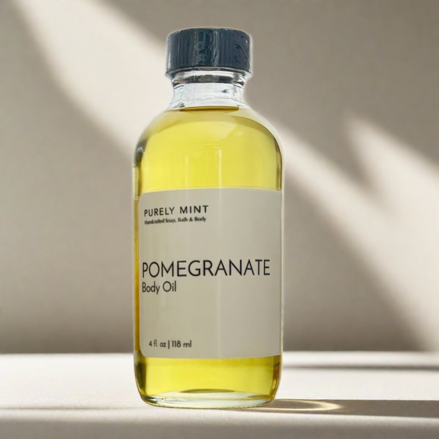 4 oz body oil, glass bottle, screw top. Advertising style shot, soft sun shadow, empty penthouse, scandinavian minimalism, neutral warm, detailed