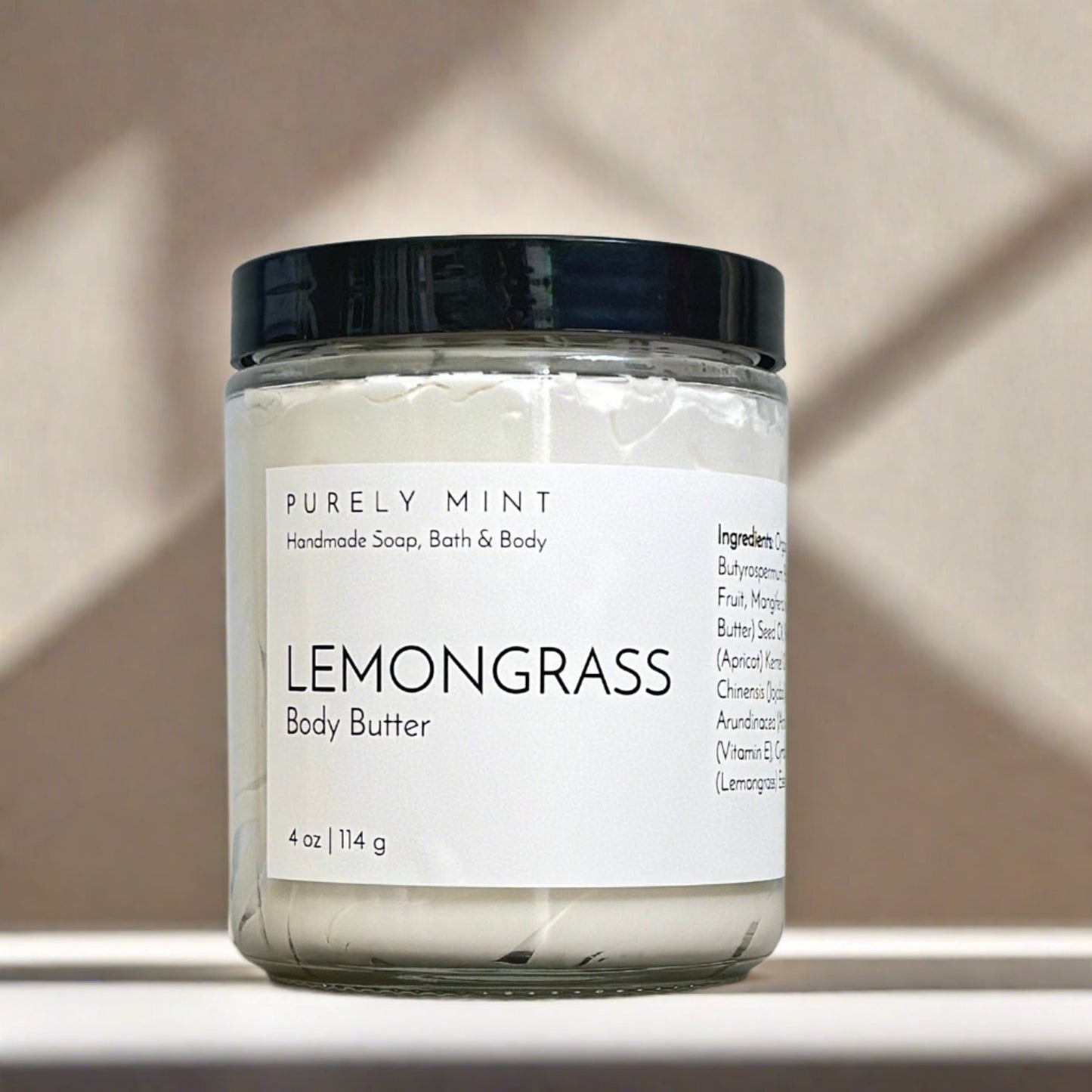 large body butter, glass jar, black lid advertising style shot, soft sun shadow, empty penthouse, scandinavian minimalism, neutral warm, detailed