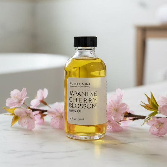 Bottle of Japanese Cherry Blossom body oil on a modern bathroom, white marble counter, japanese cherry blossom plant,