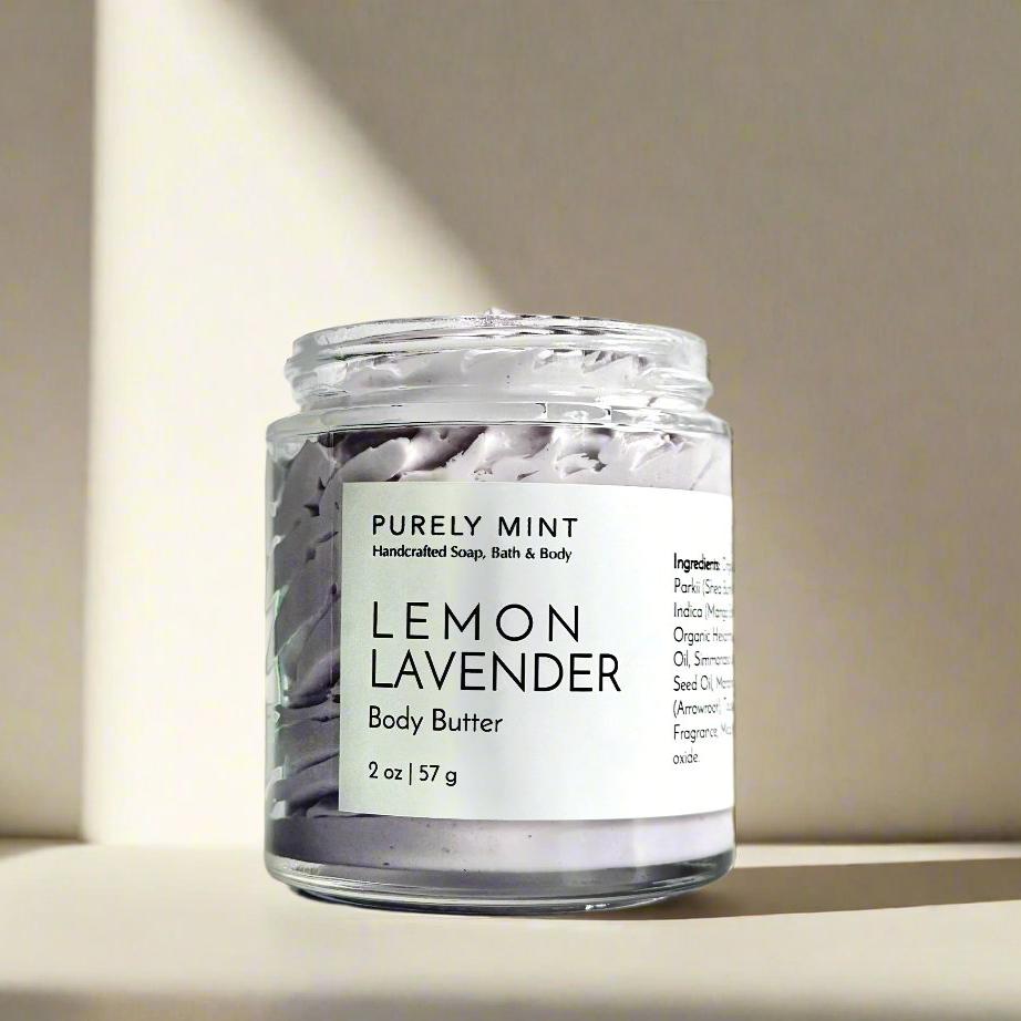Lemon Lavender Purple body Butter, clear glass jar white label, advertising style shot, soft sun shadow, empty penthouse, scandinavian minimalism, neutral warm, detailed