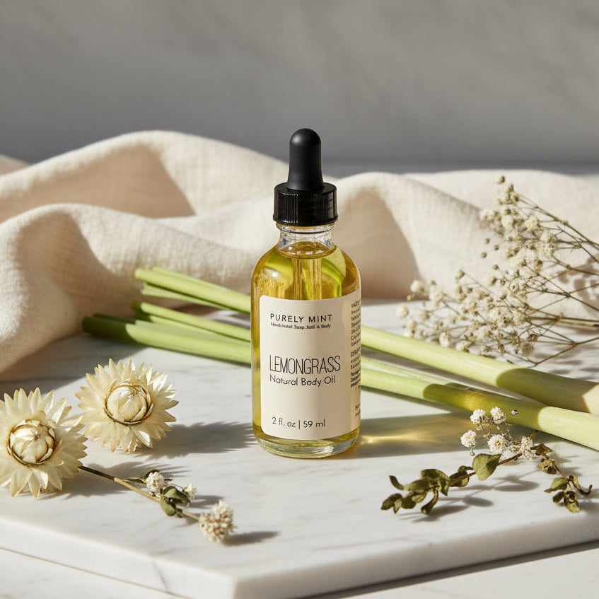 A bottle of Purely Mint Lemongrass Natural Body Oil stands on a white marble tray, surrounded by dried flowers, green stems, and draped cream fabric against a light gray background.