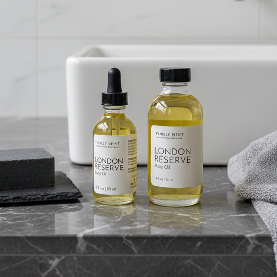 Two bottles of London Reserve Body Oil with yellow liquid, displayed on a dark marble bathroom counter next to a gray towel and soap bar.