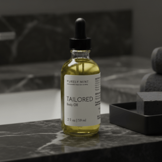 A small glass dropper bottle of body oil with a black cap and white label reading 'PURELY MINT' and 'TAILORED Body Oil,' centered on a dark gray studio background.
