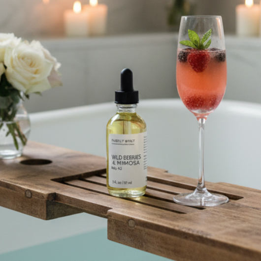 A wooden bath caddy draped over a white freestanding bathtub, holding a small dropper bottle of Wild Berries & Mimosa Body Oil and a pink drink in a glass, with white flowers and lit candles in a softly lit bathroom setting.