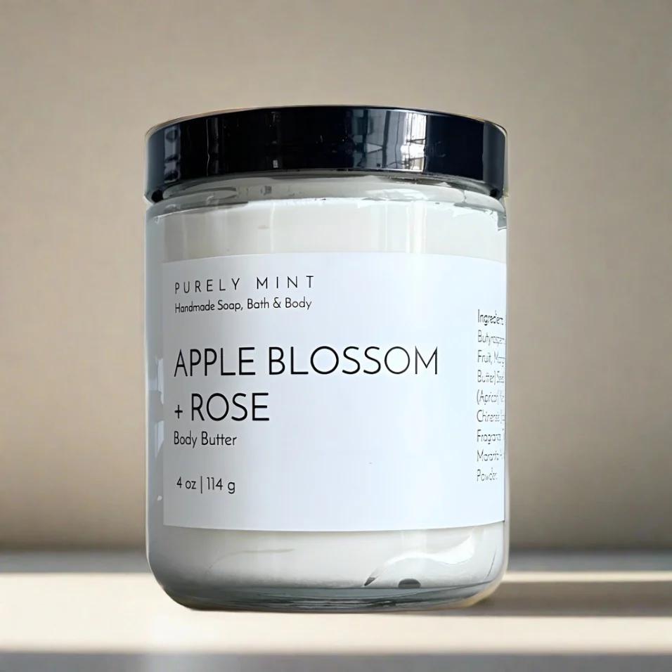 4 oz white body butter in glass jar with white label, black top, advertising style shot, soft sun shadow, empty penthouse, scandinavian minimalism, neutral warm, detailed