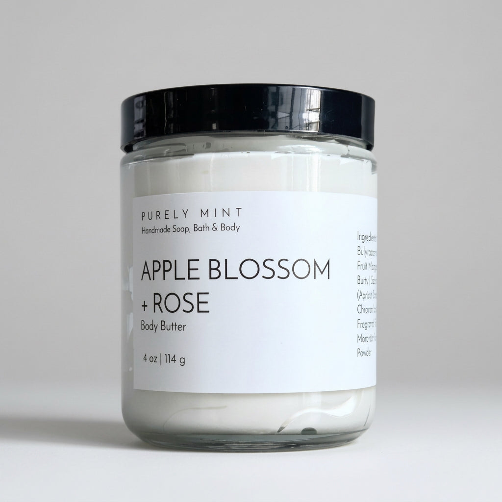 Apple Blossom & Rose body butter in clear glass jar containing white body butter with a white label, and black top, on a light gray backdrop.