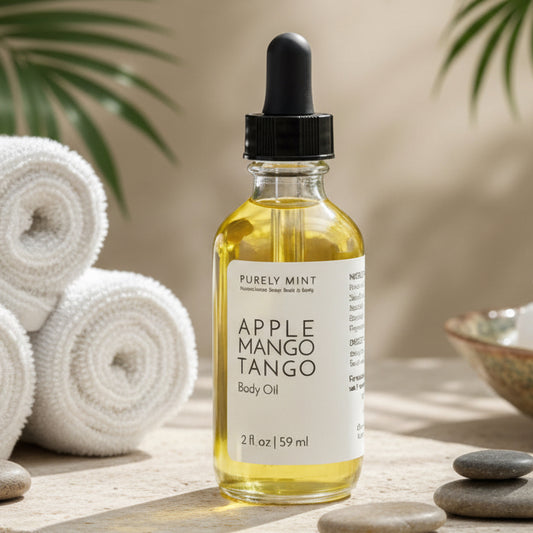 Bottle of Apple Mango Tango body oil in an advertising style shot, soft sun shadow, spa background, green plant, neutral warm, detailed