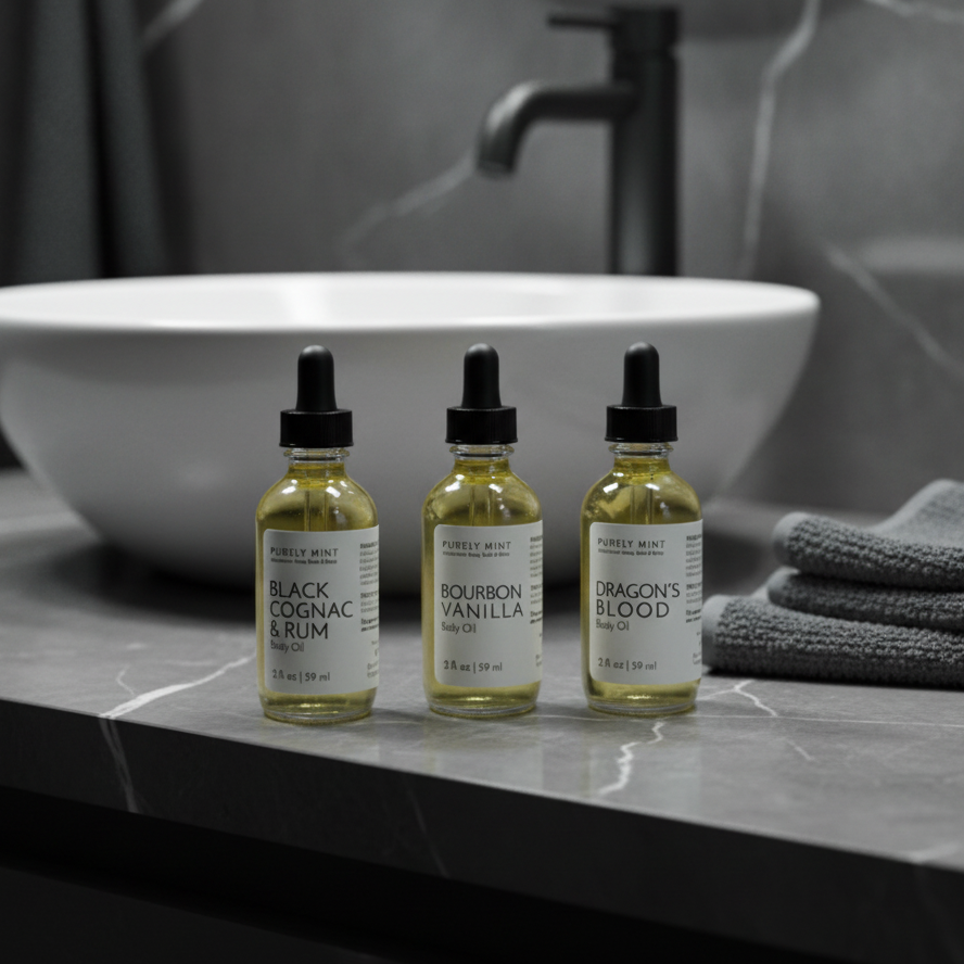 Three small clear glass dropper bottles labeled Black Cognac, Bourbon Vanilla, and Dragon's Blood by Purely Mint, lined up on a dark marble bathroom counter in front of a white vessel sink.