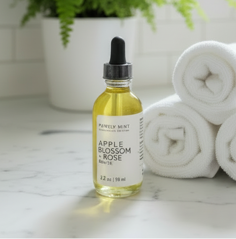 A bottle of Apple blossom and rose body oil placed on a white marble counter, with white rolled washcloths, green plant.