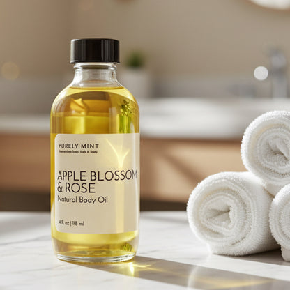 Apple Blossom and Rose Body Oil in a glass bottle next to rolled towels on a marble countertop.