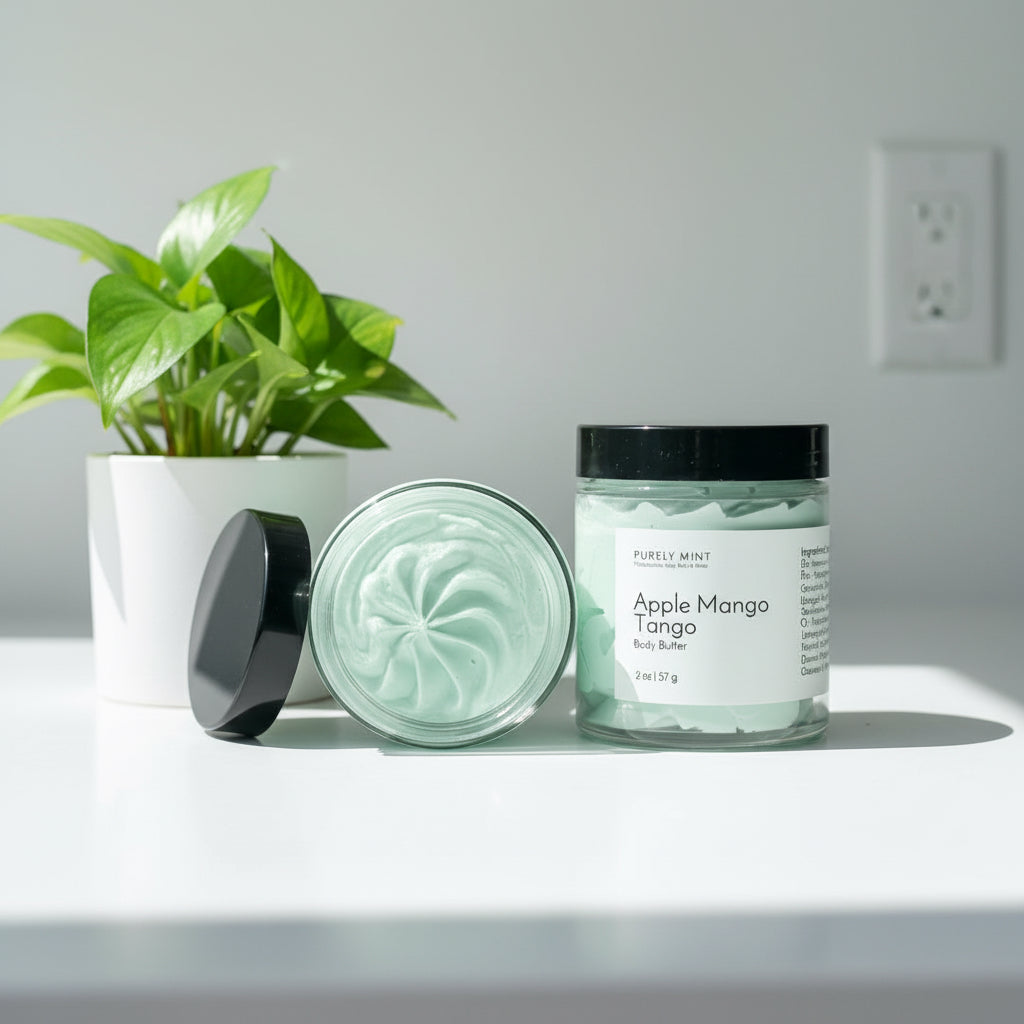 Two jars of Apple Mango body butter on a white counter with a green plant.