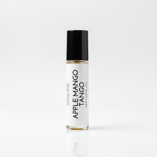 Perfume roller, white lable, black top, white reflective seamless backdrop.