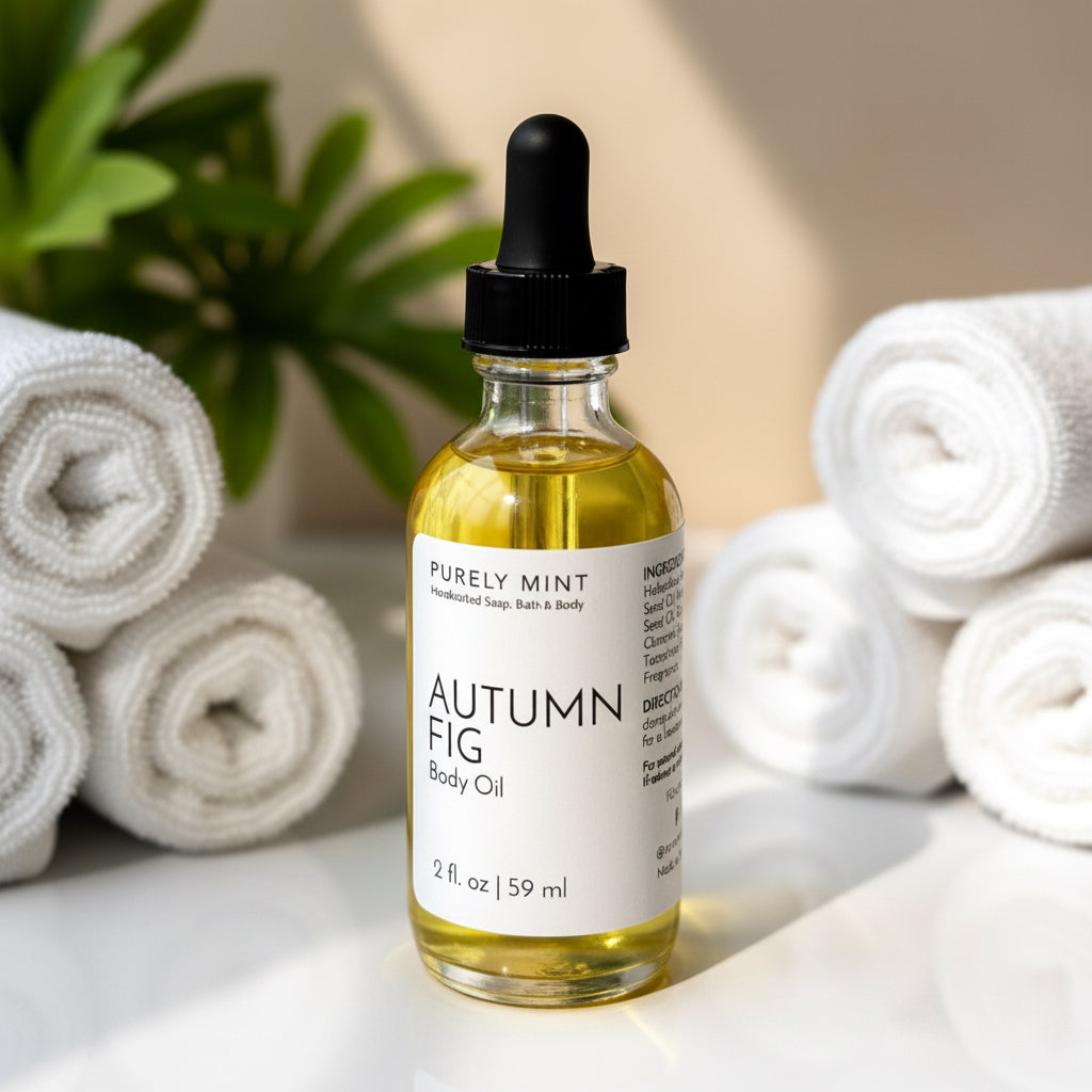 A bottle of Autumn Fig body oil placed on a white counter, accompanied white rolled washcloths, green plant.