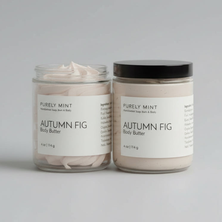 Two jars of 'Autumn Fig' body butter by Purely Mint on a commercial photography packshot, light gray seamless backdrop, neutral lighting