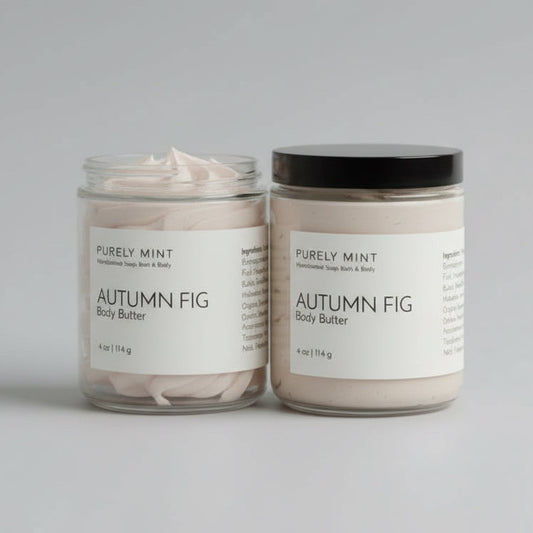 Two jars of 'Autumn Fig' body butter by Purely Mint on a commercial photography packshot, light gray seamless backdrop, neutral lighting
