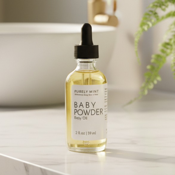 A bottle of Purely Mint Baby Powder Body Oil with a black dropper cap stands on a white marble bathroom counter in front of a white vessel sink and gold faucet, with a green plant in a white pot to the right.