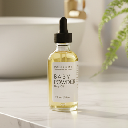 A bottle of Purely Mint Baby Powder Body Oil with a black dropper cap stands on a white marble bathroom counter in front of a white vessel sink and gold faucet, with a green plant in a white pot to the right.
