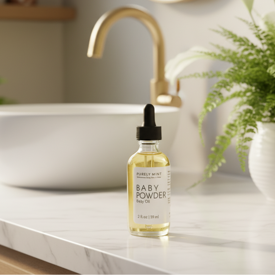 A bottle of Purely Mint Baby Powder Body Oil with a black dropper cap stands on a white marble bathroom counter in front of a white vessel sink and gold faucet, with a green plant in a white pot to the right.