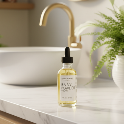 A bottle of Purely Mint Baby Powder Body Oil with a black dropper cap stands on a white marble bathroom counter in front of a white vessel sink and gold faucet, with a green plant in a white pot to the right.