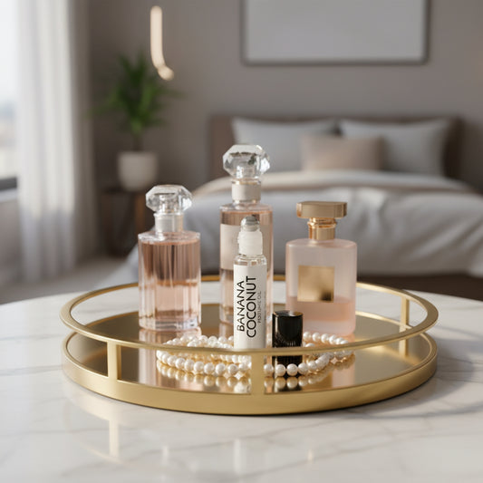 Perfume roller metal roller, black top, in a modern bedroom, marble vanity gold tray with pearls perfume.