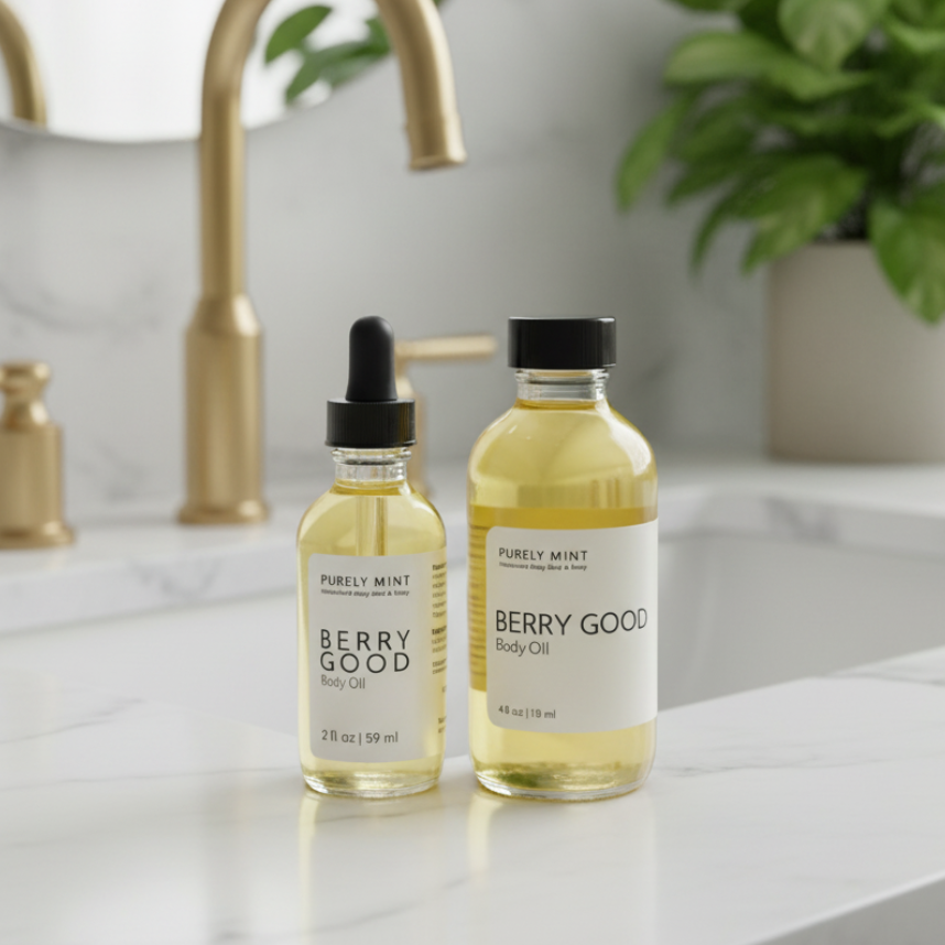 Two glass bottles of Purely Mint Berry Good body oil with black dropper/cap closures, standing on a white marble countertop in a bathroom setting with gold fixtures and a green plant in the background.