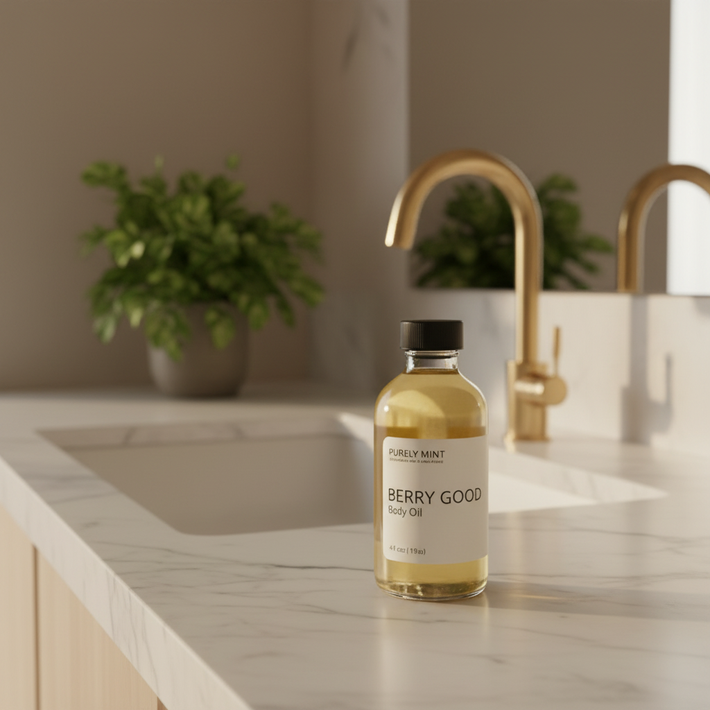 A bottle of Purely Mint Berry Good body oil stands on a white marble countertop in a bathroom setting, with a gold faucet, white sink, and a blurred green potted plant in the background.