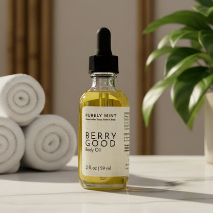 bottle of Berry Good body oil on white marble counter with rolled white washcloths and green plant. 