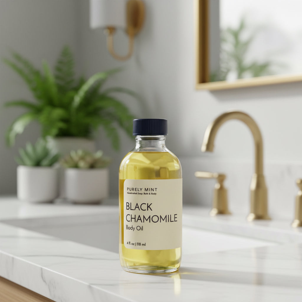 A 4 fl oz glass dropper bottle of Purely Mint Black Chamomile Body Oil sits on a white marble counter. The oil inside is a pale yellow, and the bottle has a white label with a black dropper cap. Green plants and gold faucets are visible in the background. 
