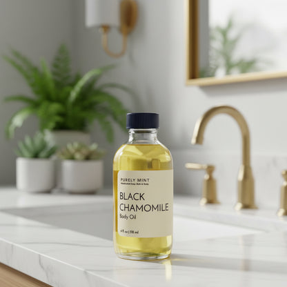 A 4 fl oz glass dropper bottle of Purely Mint Black Chamomile Body Oil sits on a white marble counter. The oil inside is a pale yellow, and the bottle has a white label with a black dropper cap. Green plants and gold faucets are visible in the background. 