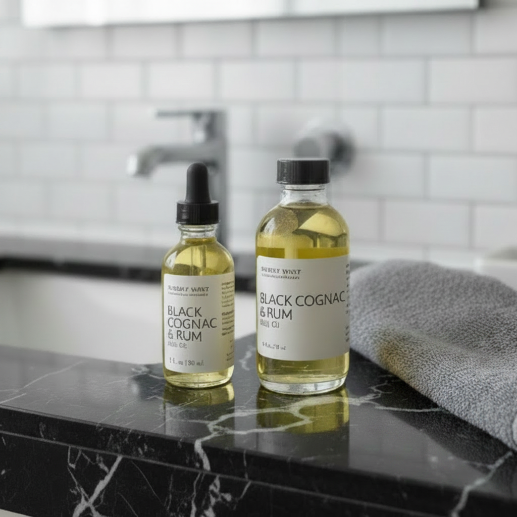 Two bottles of Black Cognac & Rum Body Oil and white labels, placed on a black marble bathroom counter next to a gray towel, with a white subway tile wall and mirror in the background.
