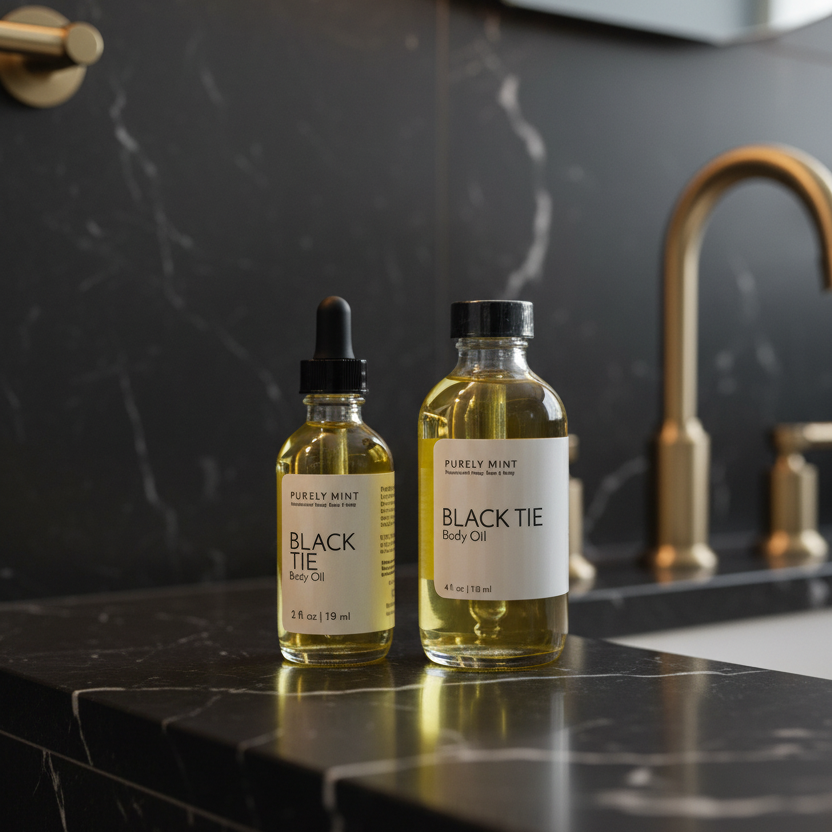 Two glass bottles of Purely Mint Black Tie Body Oil with white labels, placed on a black marble bathroom counter in front of a brass faucet.