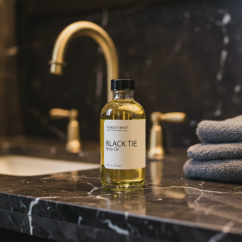 A bottle of Purely Mint Black Tie Body Oil stands on a dark marble countertop in a bathroom setting, with gold faucets and folded gray towels in the background.
