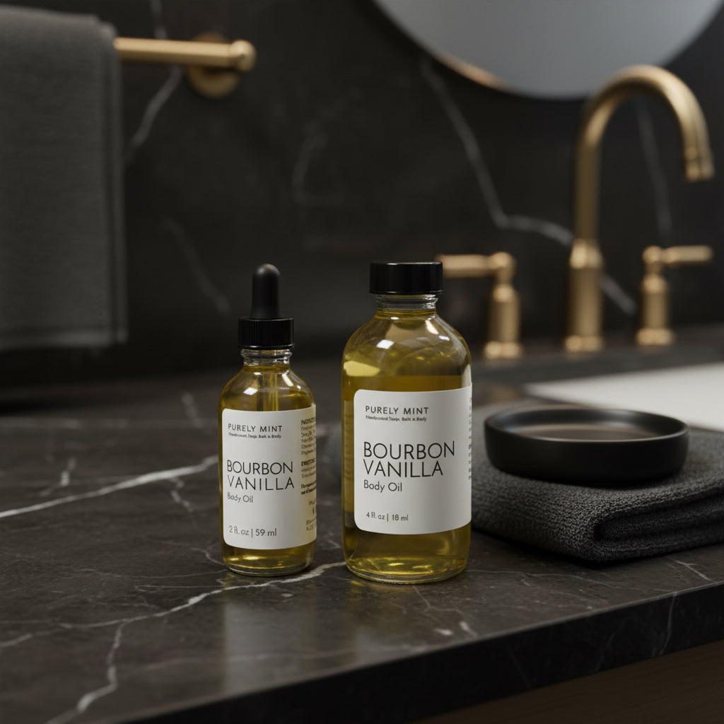 2 bottles of Purely Mint Body Bourbon Vanilla Body Oil with black caps are on a black marble bathroom counter next to a gray towel, and soap dish with a white sink and mirror in the background.