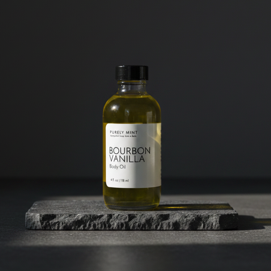A bottle of Purely Mint Bourbon Vanilla Body Oil stands on a dark stone slab against a dark gray background. The bottle contains a golden-yellow oil and has a white label with black text.