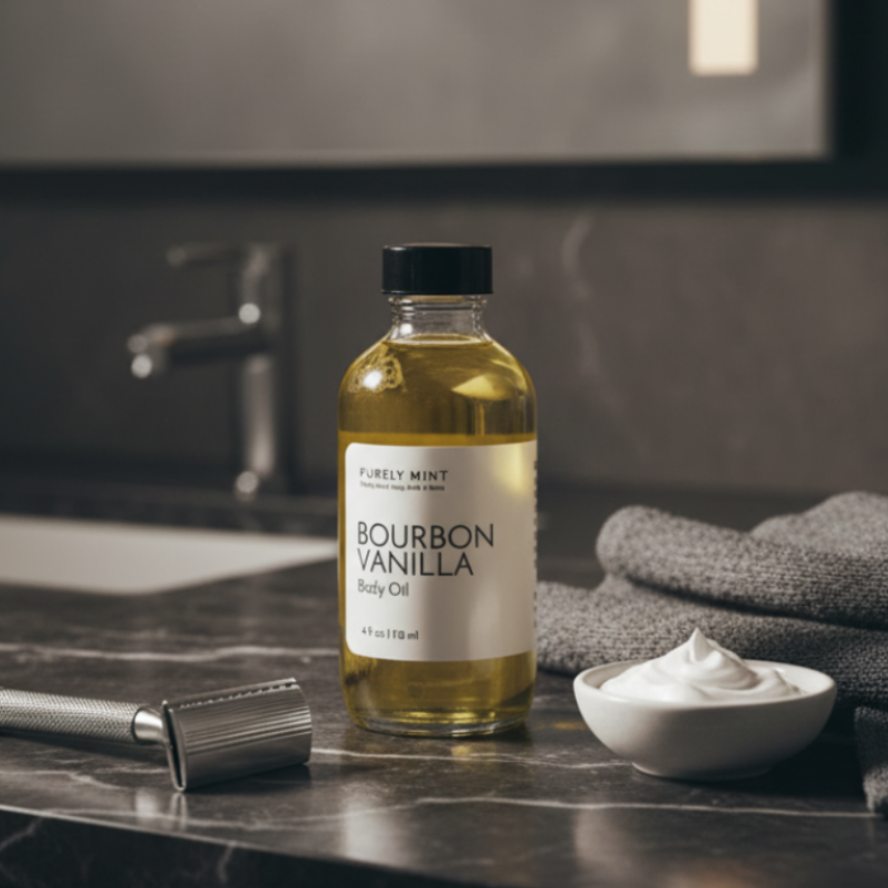 A bottle of Purely Mint Bourbon Vanilla Body Oil stands on a dark marble bathroom counter next to a razor, a small bowl of shaving cream, and a folded gray towel, with a blurred sink and mirror in the background.
