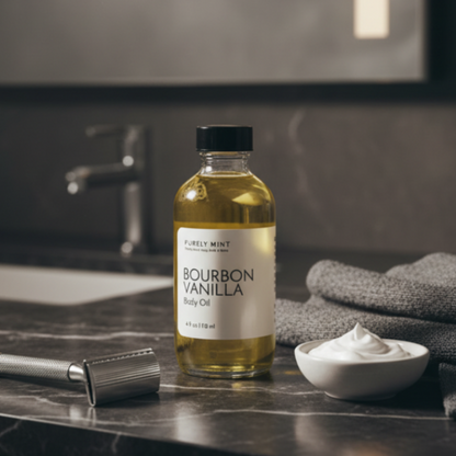 A bottle of Purely Mint Bourbon Vanilla Body Oil stands on a dark marble bathroom counter next to a razor, a small bowl of shaving cream, and a folded gray towel, with a blurred sink and mirror in the background.