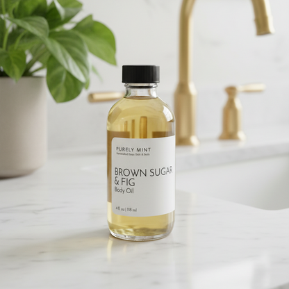 A bottle of Purely Mint Brown Sugar & Fig Body Oil stands on a white marble countertop in a bright bathroom setting with a gold faucet and a green plant in the background.