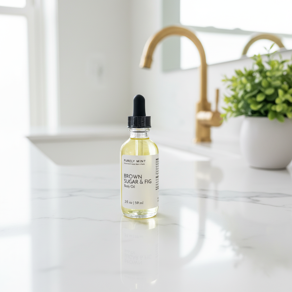 A bottle of Purely Mint Brown Sugar & Fig body Oil stands on a white marble countertop in a bright bathroom setting with a gold faucet and a potted plant in the background.