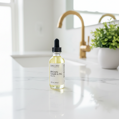 A bottle of Purely Mint Brown Sugar & Fig body Oil stands on a white marble countertop in a bright bathroom setting with a gold faucet and a potted plant in the background.