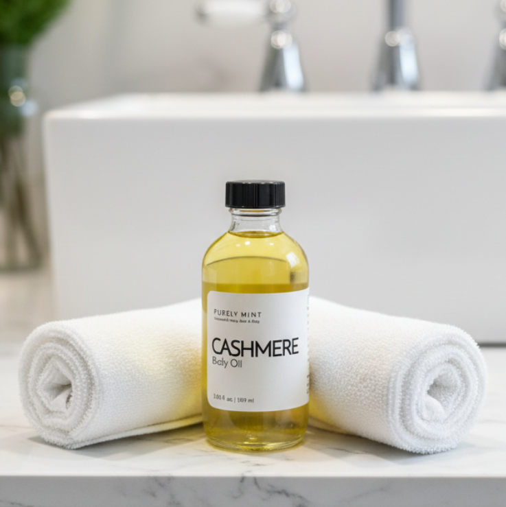 A bottle of Cashmere Body Oil by Purely Mint placed on a marble bathroom counter between two rolled white towels, with a white sink and faucet in the background.