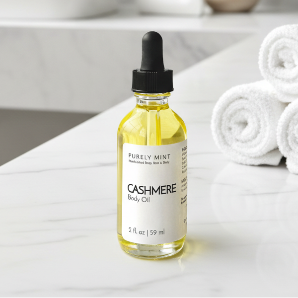 A bottle of Purely Mint Cashmere Body Oil with a black dropper cap sits on a white marble bathroom counter next to rolled white towels and a small potted plant.