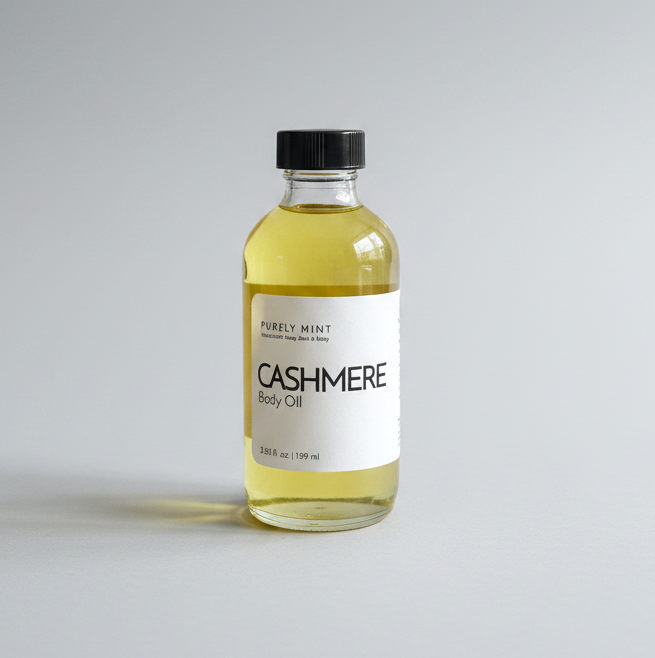 A clear glass bottle of Purely Mint Cashmere Body Oil filled with pale yellow oil, featuring a white label and a black cap, set against a light gray background.