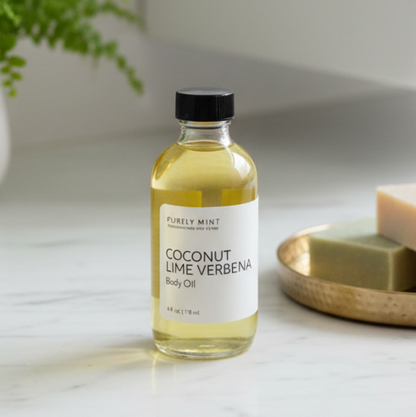 A bottle of Coconut Lime Verbena Body Oil by Purely Mint stands on a white marble countertop in a bathroom setting, with a white sink, faucet, green plant, and stacked soap bars in the background.